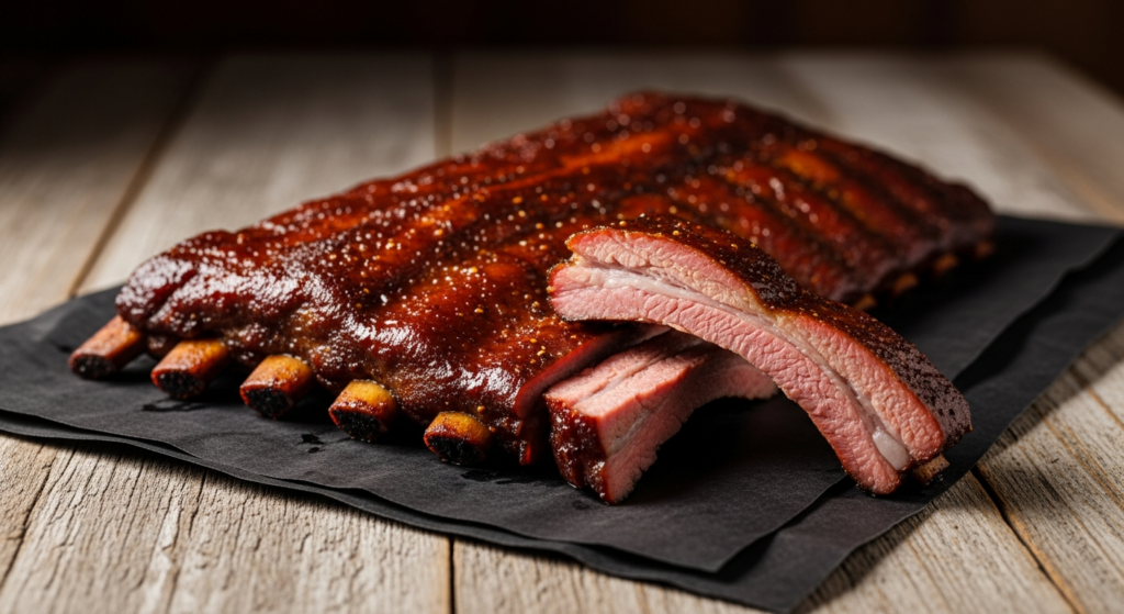A rack of smoked baby back ribs with a mahogany glaze and pull-back on the bones