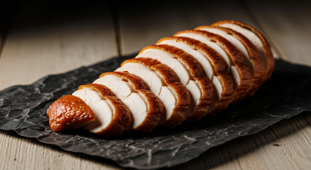 A smoked chicken breast sliced to show juicy fully cooked white meat