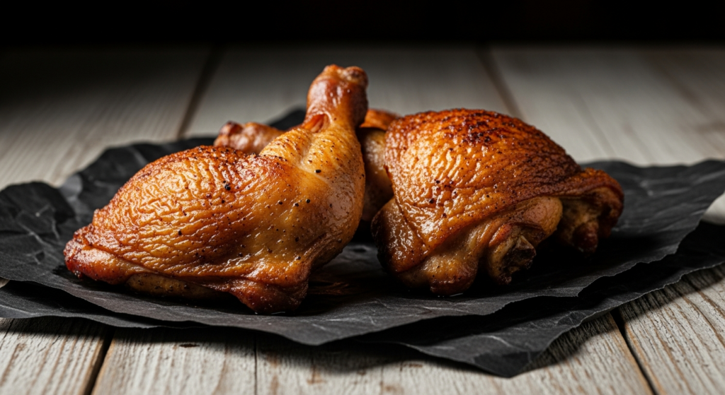 Smoked chicken thighs with crispy golden brown skin