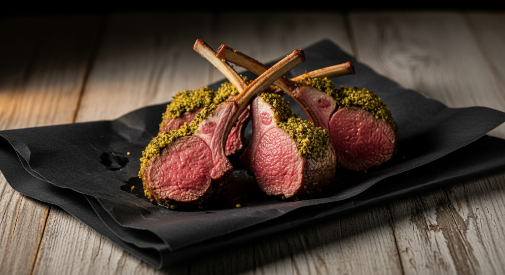 Smoked and seared lamb chops with a herb crust and medium-rare centers