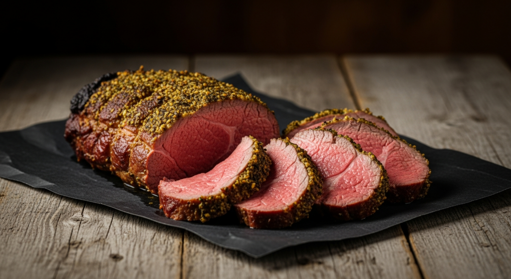 Smoked lamb loin sliced into medium-rare medallions