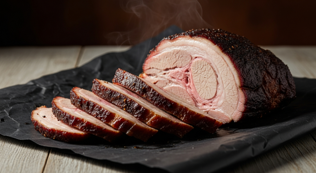 Sliced smoked pork shoulder Boston butt showing a pale tan interior, pink smoke ring and dark bark on butcher paper