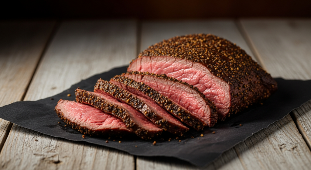 Smoked and seared tri-tip sliced against the grain into medium-rare slices