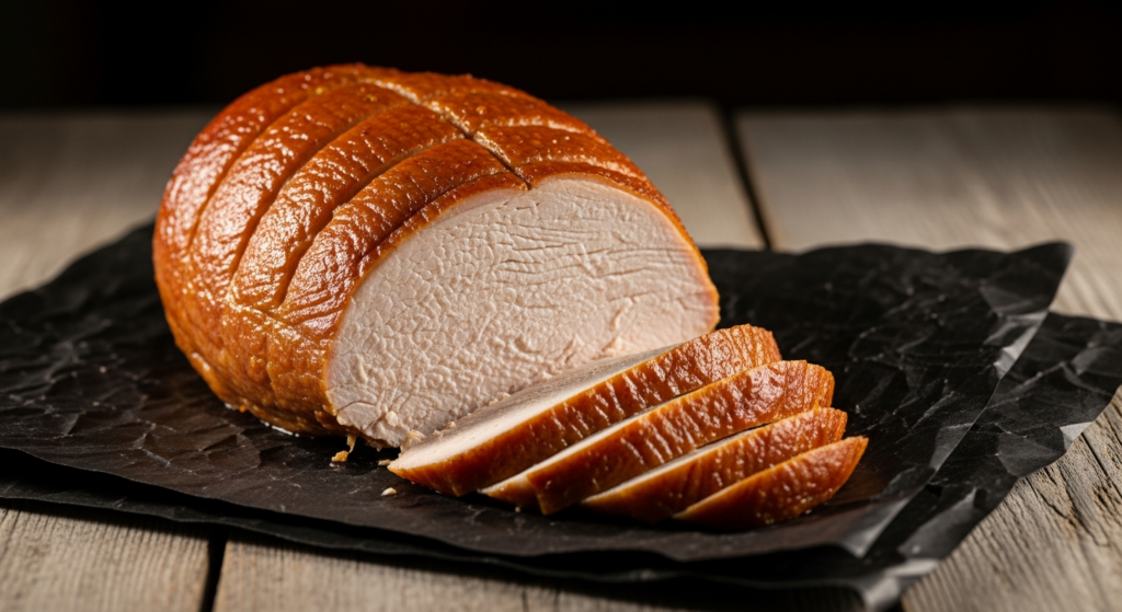 A smoked turkey breast sliced to show juicy fully cooked white meat