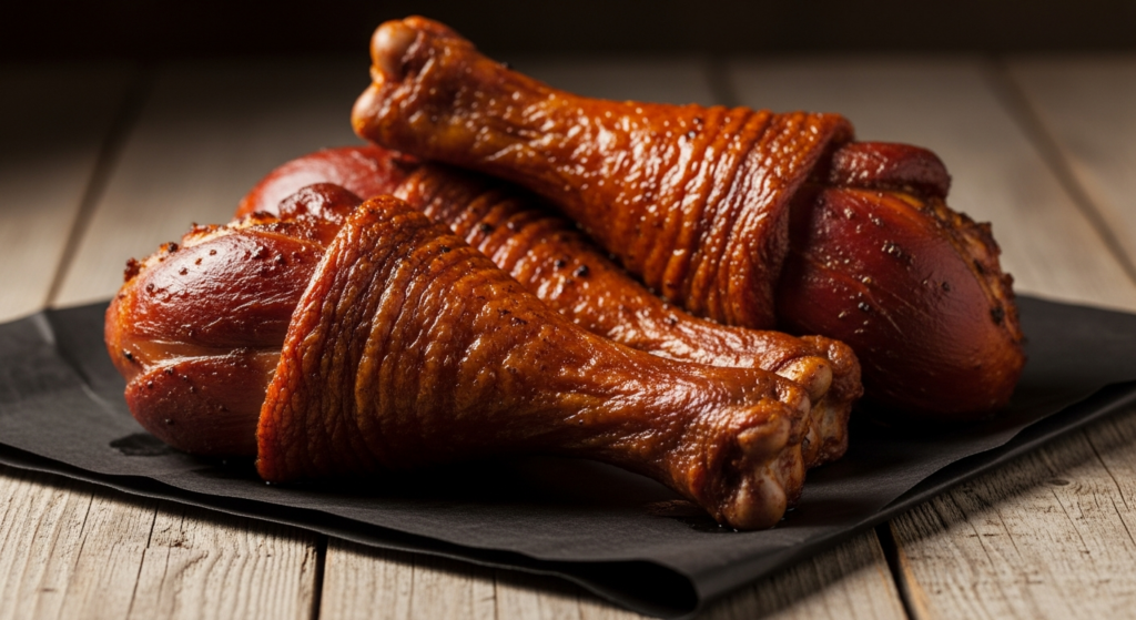 Giant fair-style smoked turkey legs with crispy mahogany skin