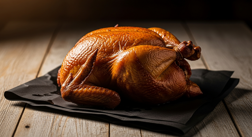 A whole smoked chicken with crispy burnished golden brown skin