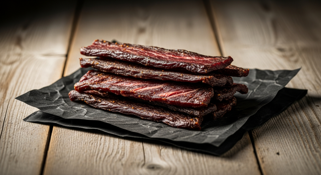 Strips of dark smoked beef jerky, stacked
