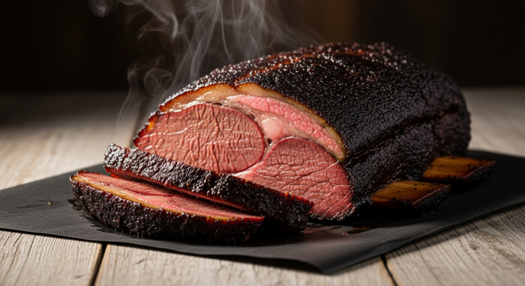 Smoked plate beef short ribs with a thick bark and a deep smoke ring