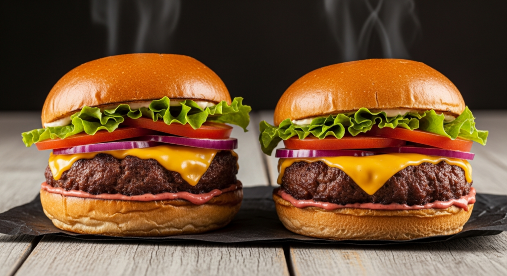 Two smoked cheeseburgers on toasted brioche buns with melted cheddar, lettuce, tomato and red onion