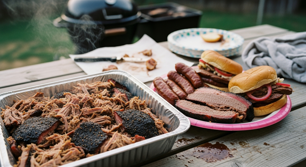 Foil pan of pulled pork and sandwiches on a backyard picnic table with a kettle smoker behind