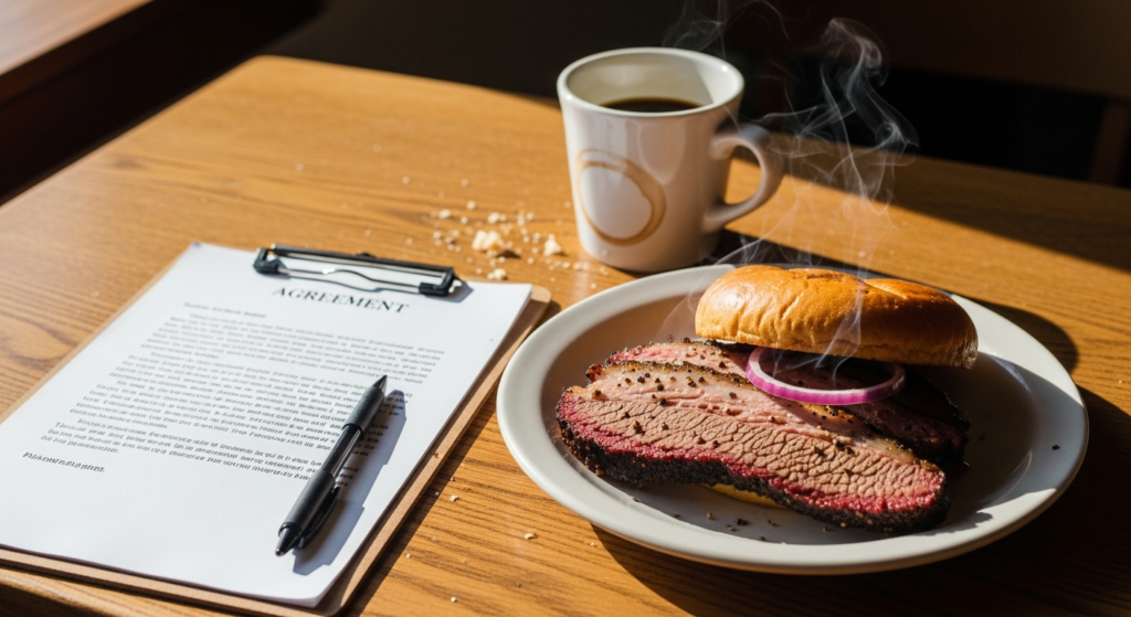 One-page catering agreement on a clipboard beside a brisket sandwich