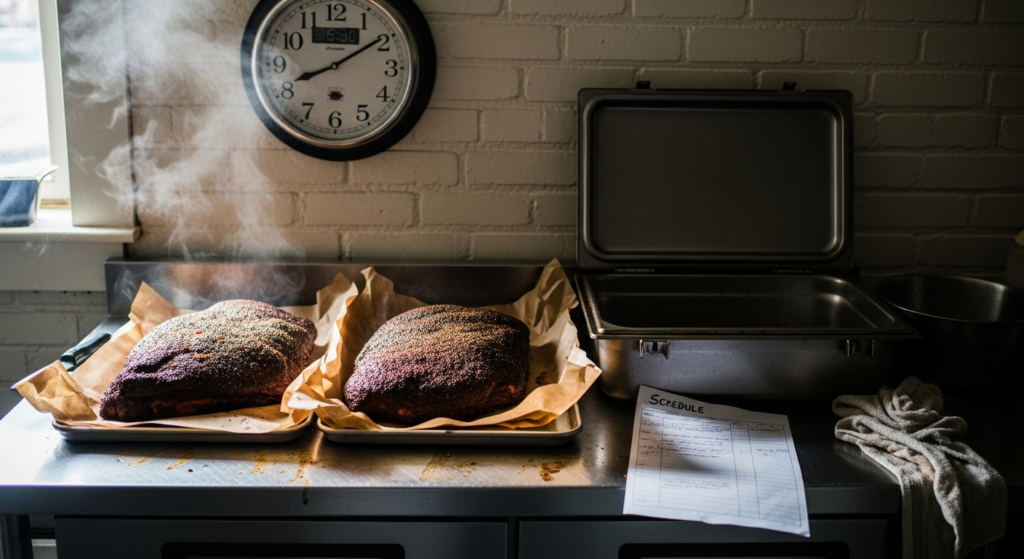 Wrapped briskets resting beside a schedule sheet under a kitchen clock - catering timeline