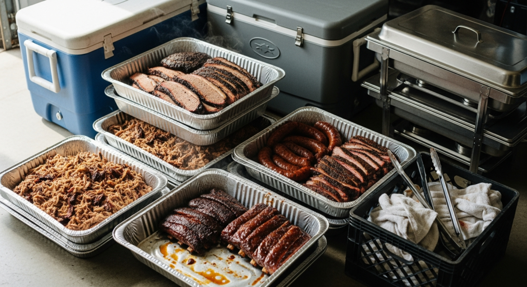 Coolers, foil pans, chafing frames, and serving gear staged for loading