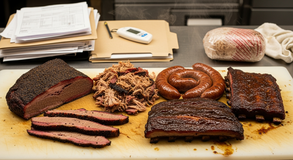Permit paperwork beside a wrapped brisket and thermometer on a prep counter