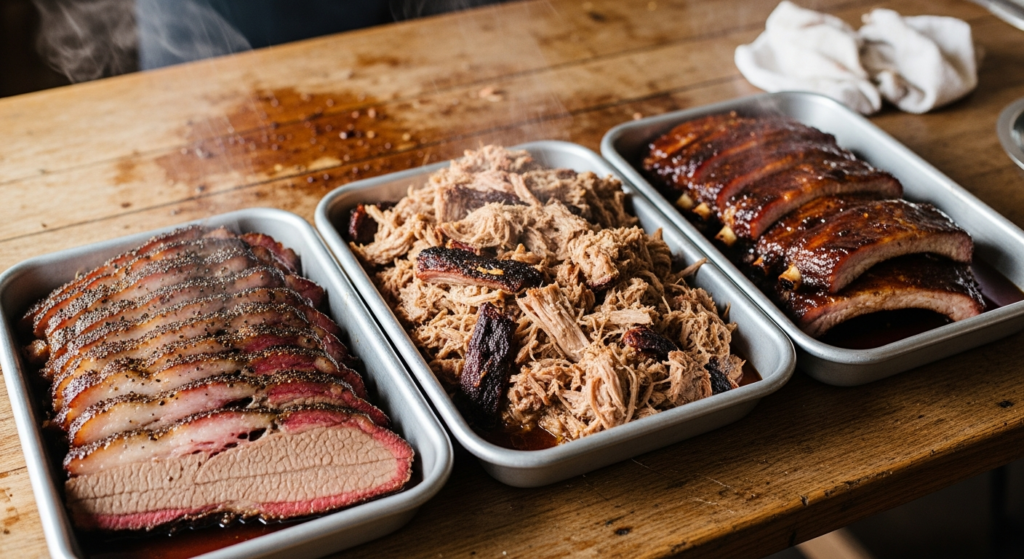 Serving pans of brisket, pulled pork, and ribs in a row - BBQ catering menu