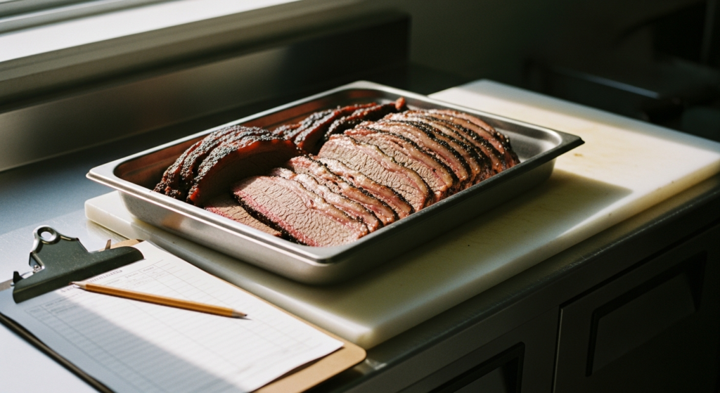Catering tray of sliced smoked brisket beside an order sheet on a prep counter