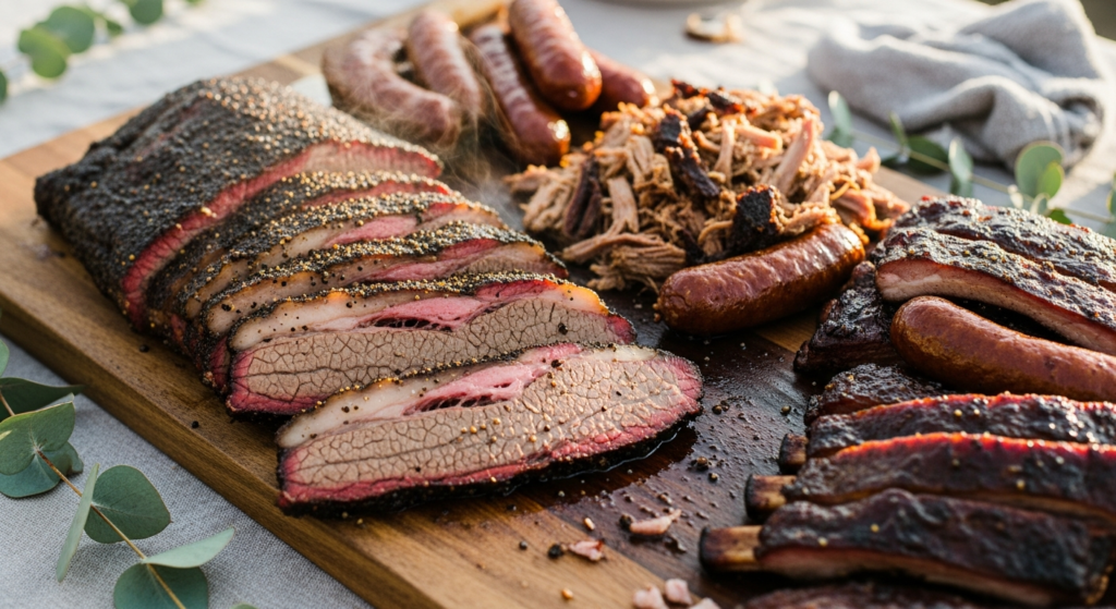 Board of sliced smoked brisket on a linen wedding buffet table in golden-hour light