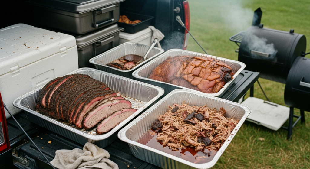 Truck loaded with insulated carriers beside a small on-site smoker at a venue