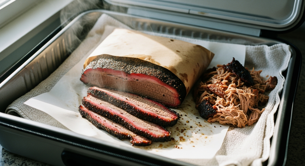 Paper-wrapped brisket inside an insulated carrier on a kitchen counter