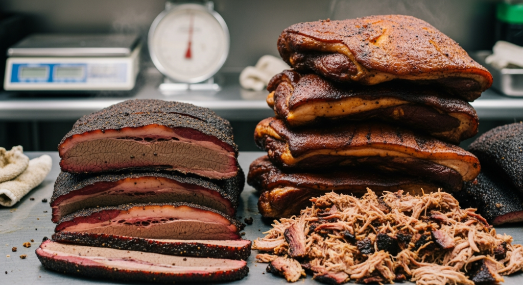 Raw packer briskets stacked beside bone-in pork butts on a butcher counter