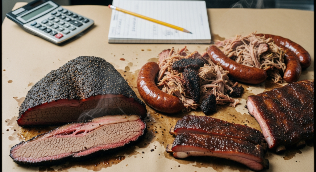 Sliced brisket beside a calculator and notepad - pricing a catering quote