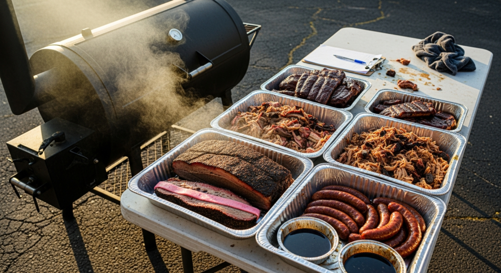 Offset smoker at dawn beside a folding table with pans and a clipboard - starting a BBQ catering business