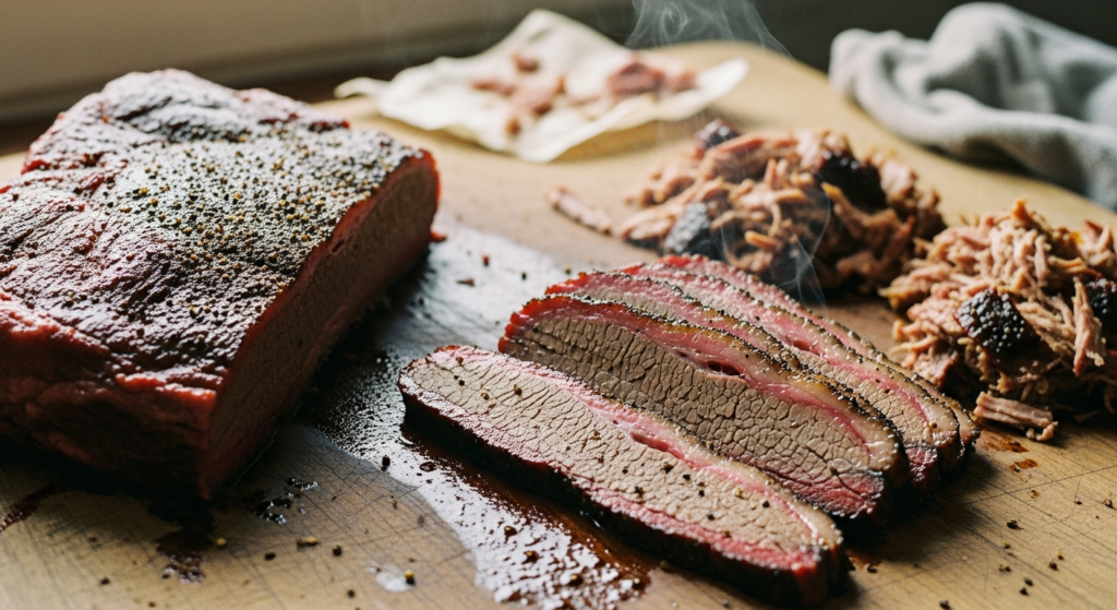 Whole raw brisket beside a smaller pile of smoked brisket slices showing yield loss