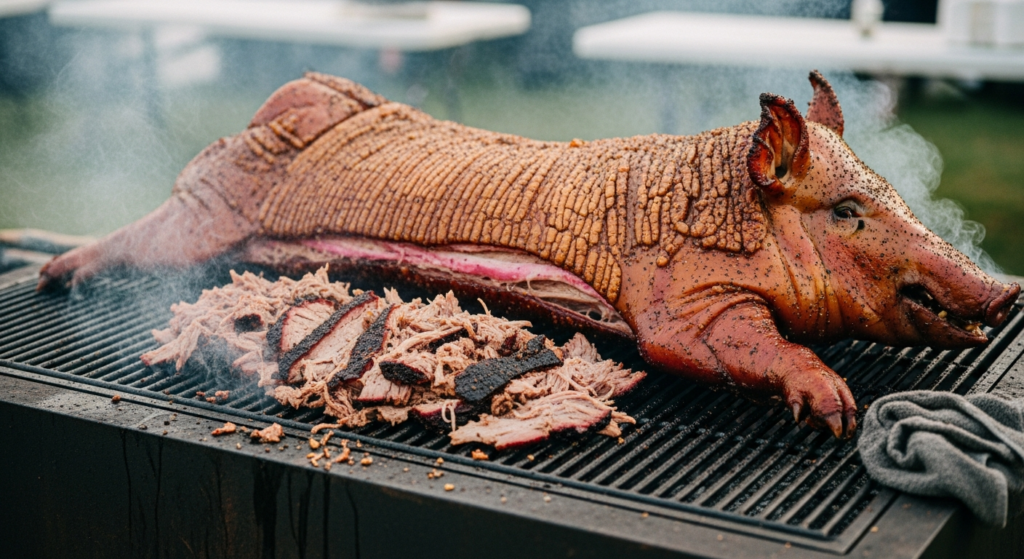 Whole roasted hog with crackled amber skin on a block pit at an outdoor event