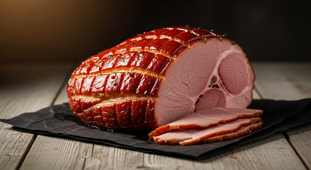 A double-smoked spiral ham with a glossy caramelized glaze
