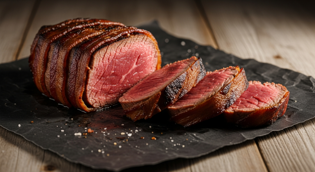 A smoked and seared filet mignon sliced to show a medium-rare center