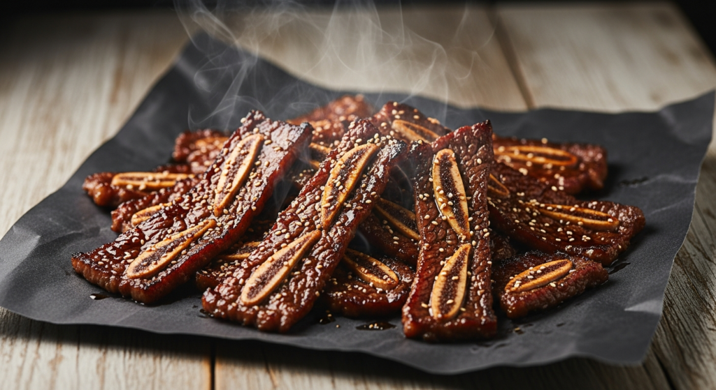 Korean-style flanken cross-cut beef short ribs with bone segments, charred and glazed