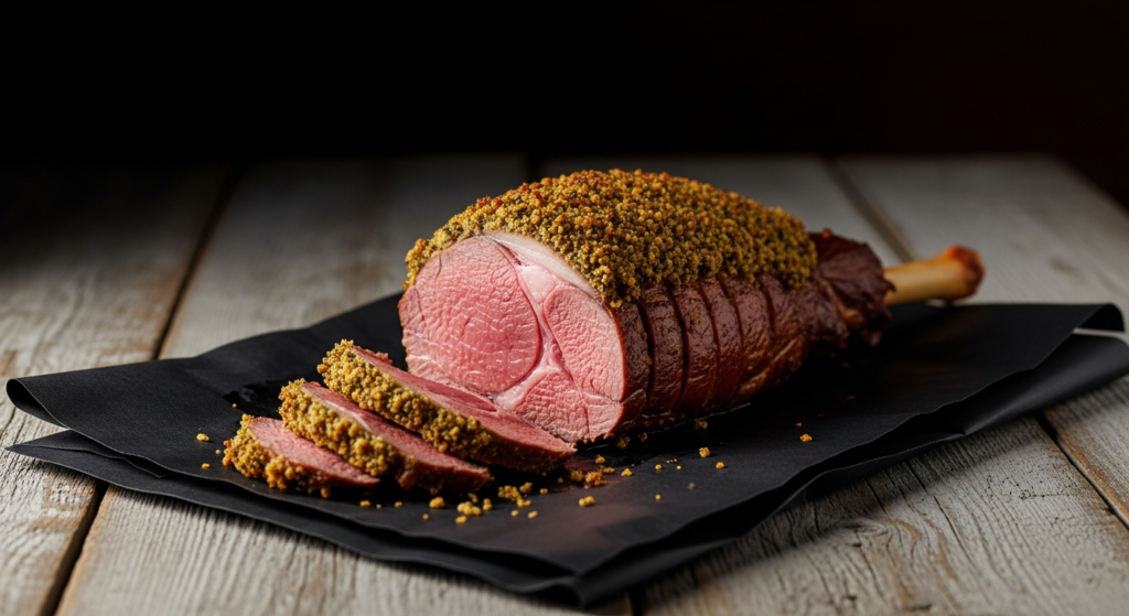 A smoked leg of lamb with a herb crust, sliced to show rosy medium-rare meat