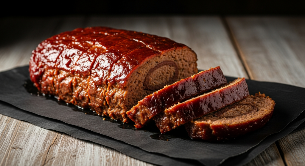 A smoked meatloaf with a caramelized glaze, sliced