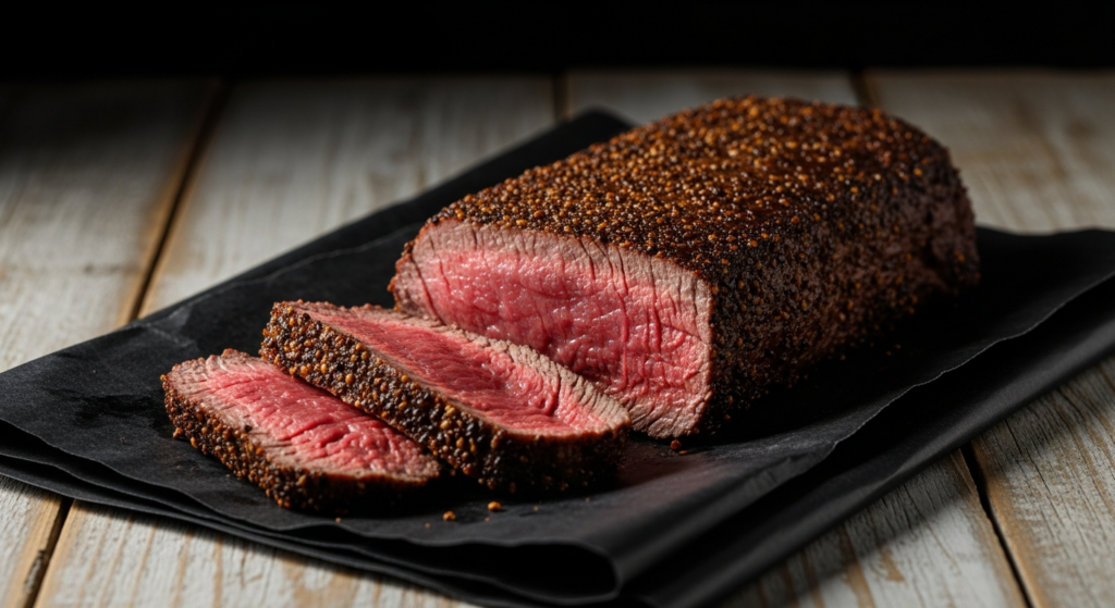 A reverse-seared NY strip steak sliced to show a medium-rare center