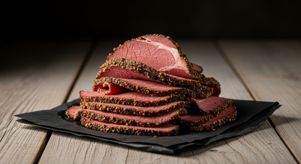 Smoked pastrami with a peppercorn crust, sliced and piled high