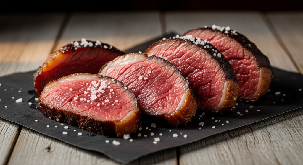 Smoked picanha with a fat cap, sliced into medium-rare pieces with coarse salt