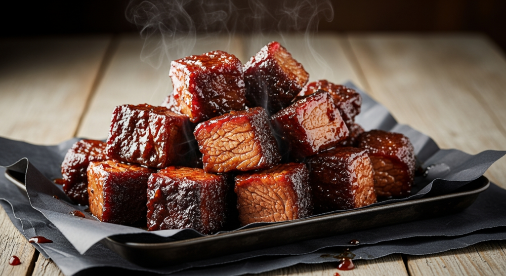 Poor man's burnt ends: glazed cubes of smoked chuck roast with dark bark