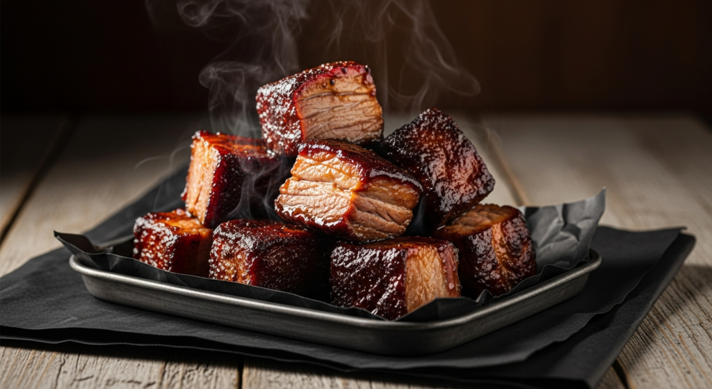Pork loin burnt ends: lean glazed cubes of smoked pork loin