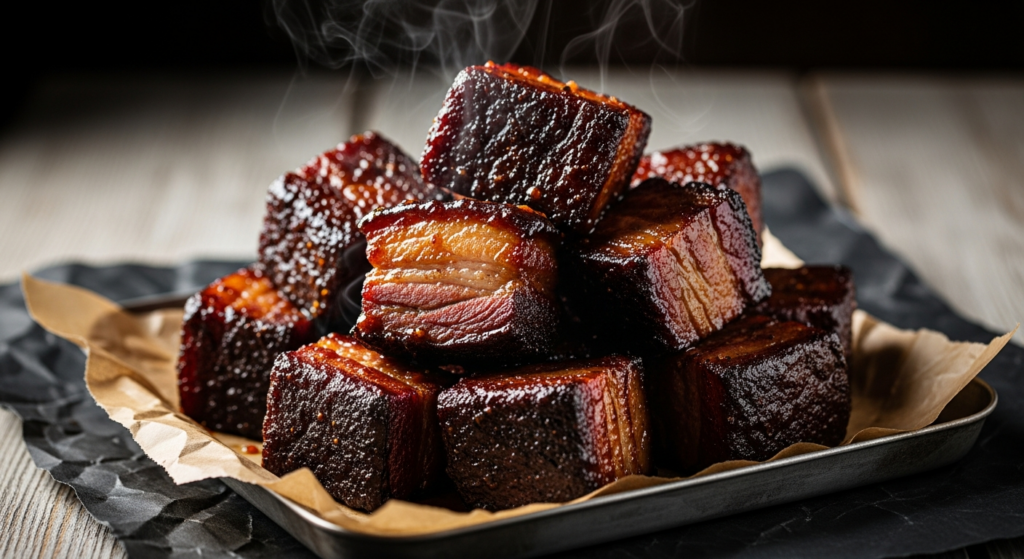 Pork belly burnt ends: glossy caramelized cubes of smoked pork belly
