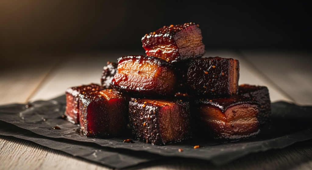 Cubed smoked pork belly burnt ends, glazed and caramelized