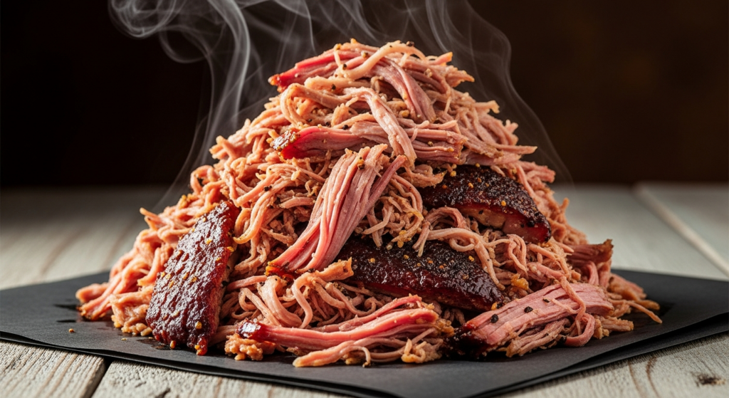 A generous mound of smoked pulled pork with dark bark bits and a pink smoke ring on butcher paper
