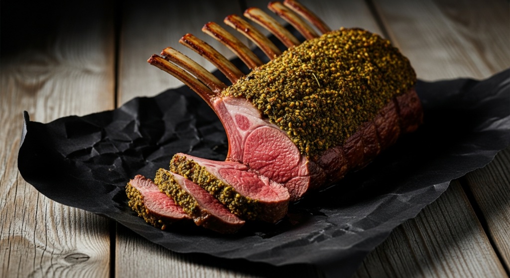A smoked and seared rack of lamb, frenched, medium-rare centers