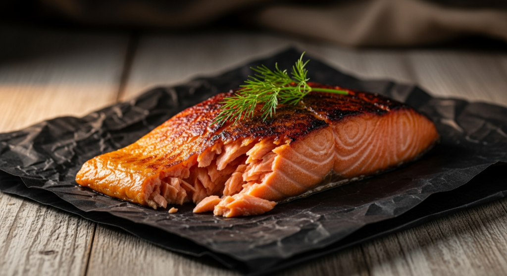 A smoked salmon fillet with flaky coral-pink flesh and a burnished glaze