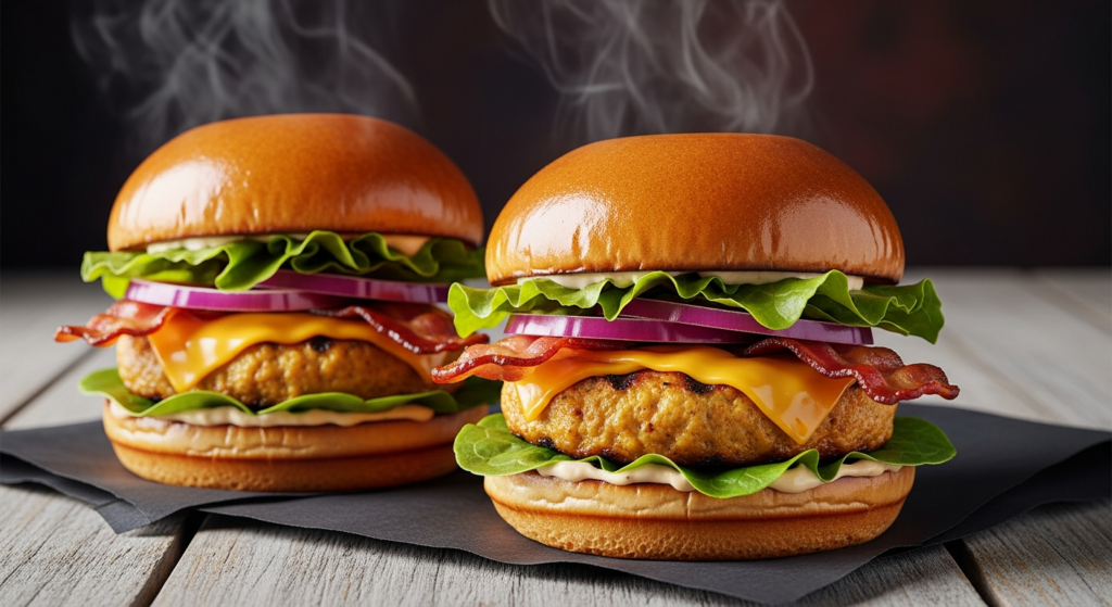 Two smoked turkey burgers topped with crisp bacon, melted cheese, lettuce and red onion on toasted brioche buns