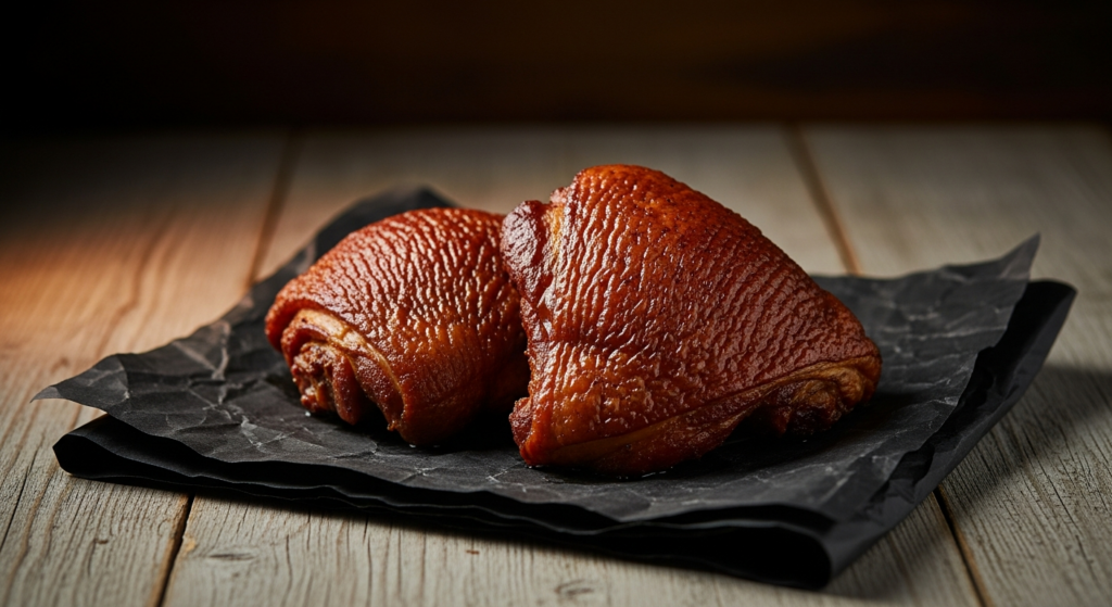 Smoked turkey thighs with crispy mahogany skin, fully cooked
