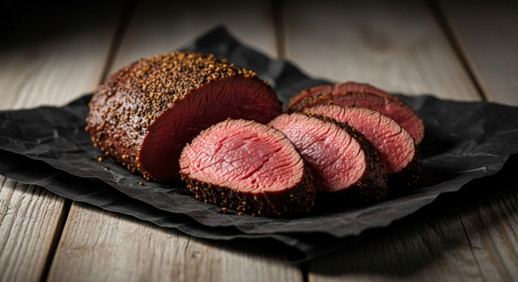 Smoked and seared venison backstrap sliced into medium-rare medallions