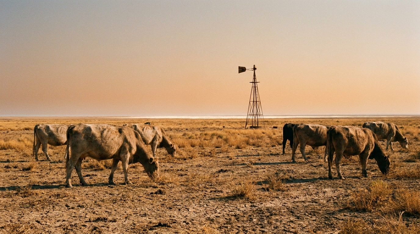 Drought-stressed rangeland with cattle