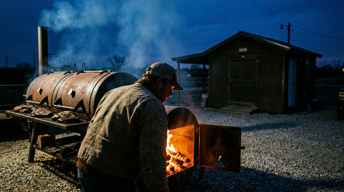 A pitmaster at an offset smoker at dusk