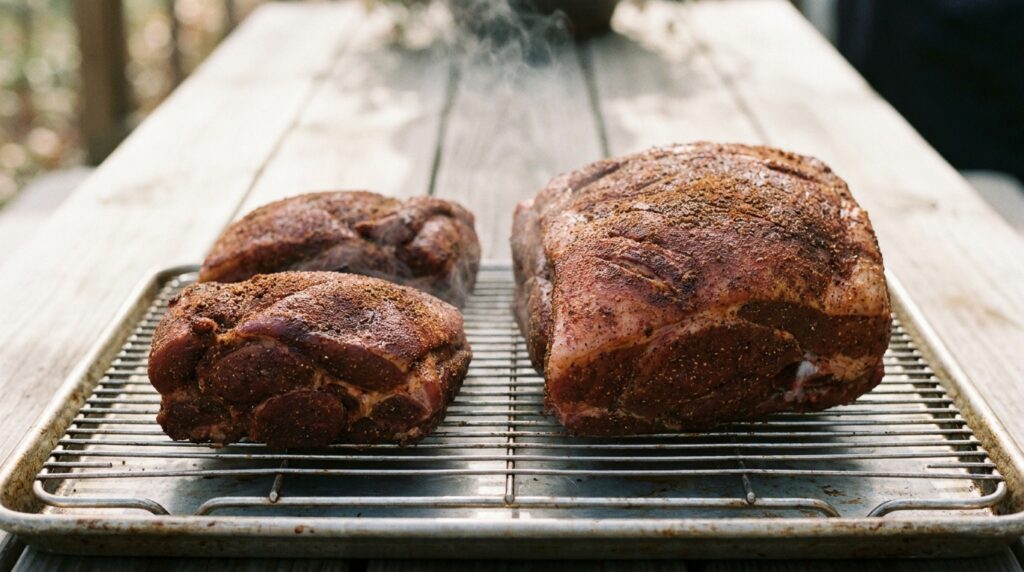 Two small rubbed pork butts beside one large butt on a smoker grate