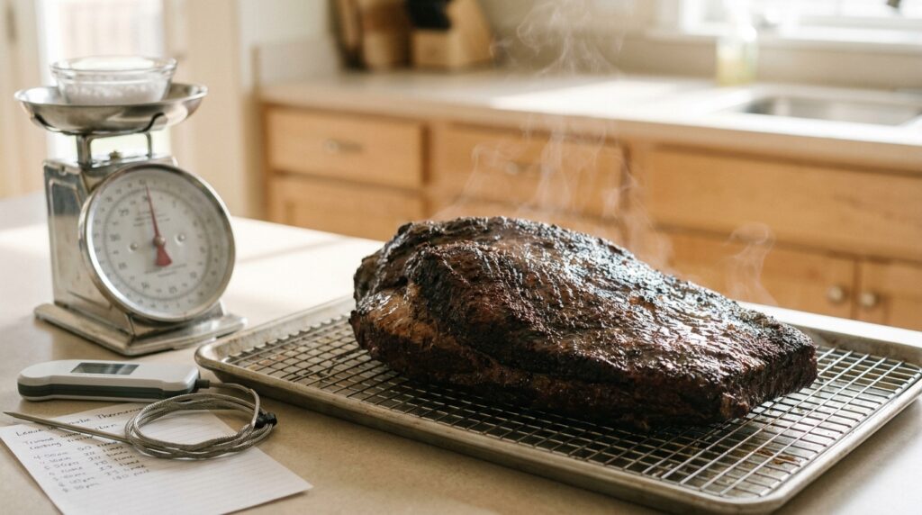 Trimmed brisket on a kitchen scale next to a probe thermometer and handwritten cook schedule